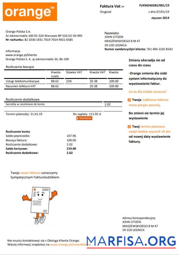 Blank Poland Orange utility bill template in Word and PDF format